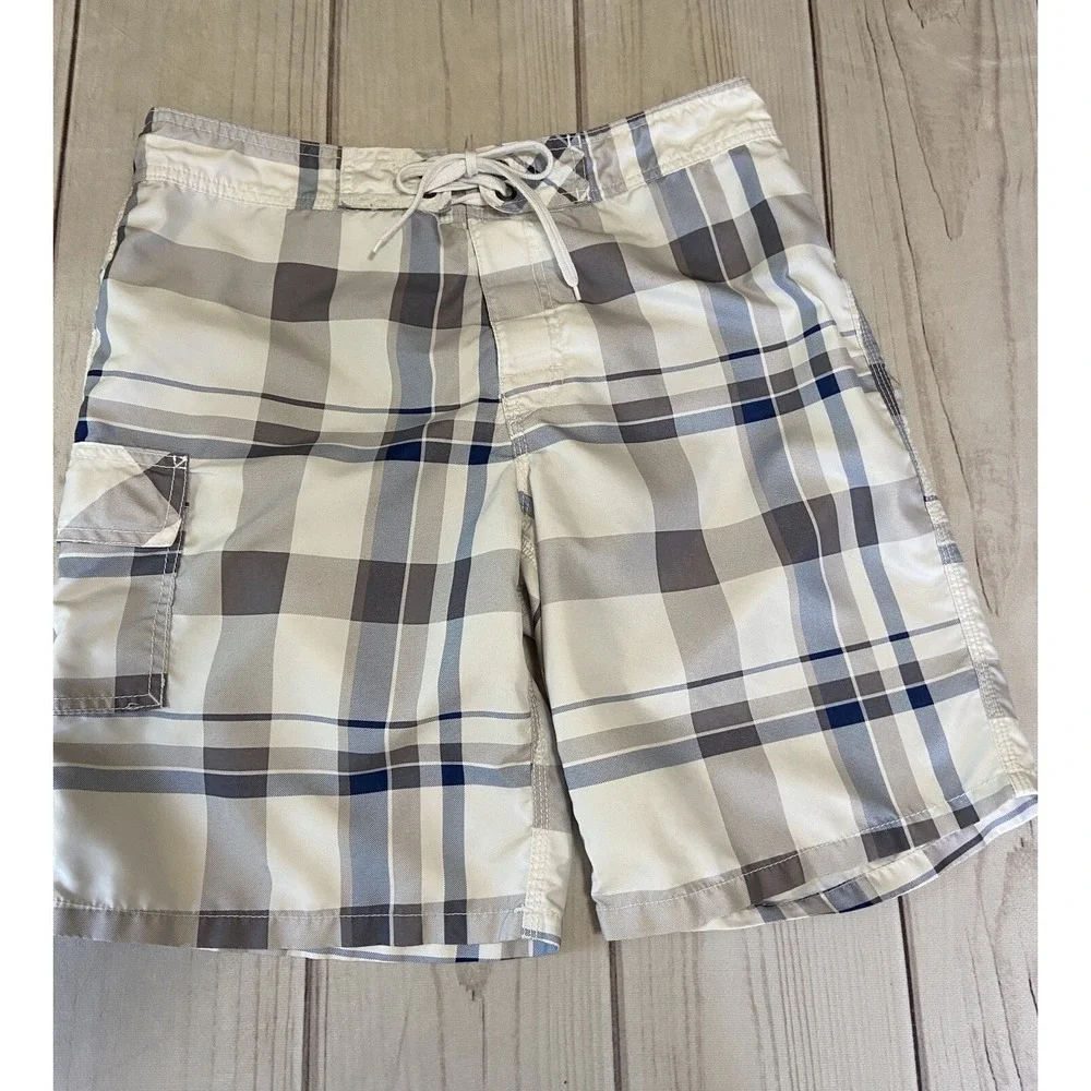 Old Navy Men's Size Medium Swim Trunks Bathing Suit White Blue Gray Plaid